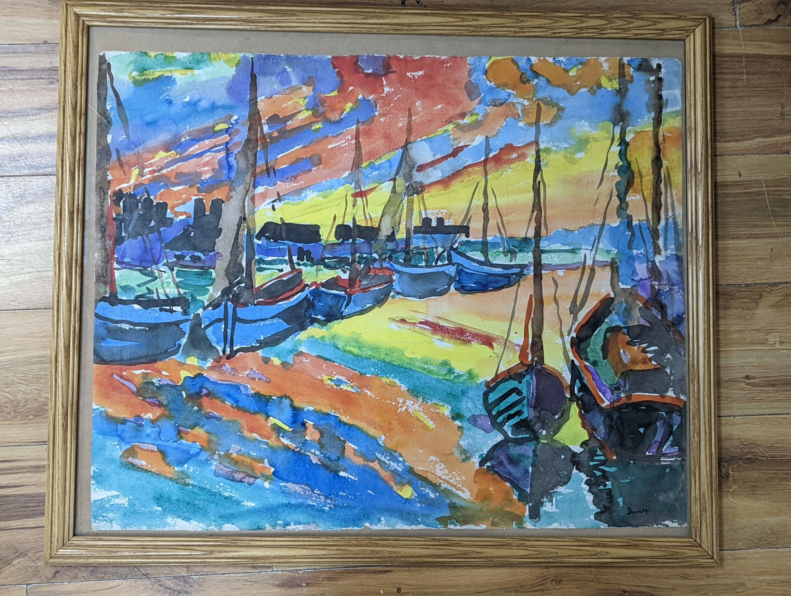 Attributed to Ronald Ossory Dunlop (1894-1973), watercolour, Fishing boats in harbour, signed, 57 x 70cm